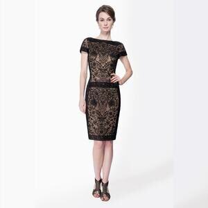 Tadashi Shoji Embroidered Lace Cap Sleeve Sheath Dress in Black/Nude size 6